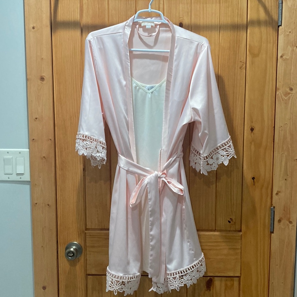 Le Rose Blush silky robe S/M with cream slip M/L for underneath
